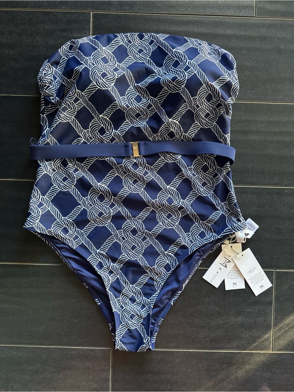 Milly Women Strapless navy and white Rope Print patterned swimsuit NWT size L